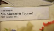 Name tag of Ms Mussarrat Yousaf, PhD Scholar at Taxila Institute of Asian Civilization