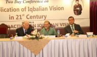 (From left to right) Senator Akram Zaki, Orya Maqbool Jaaan and Waleed Iqbal Advocate Sitting on Stage During Two Days Conference on Allama Muhammad Iqbal (R.A)
