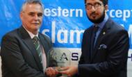Sahibzada Sultan Ahmad Ali (Chairman, MUSLIM Institute) presenting the shield to His Excellency Mr. Istvan Szabo (Ambassador of Hungary to Islamic Republic of Pakistan)