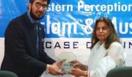 Sahibzada Sultan Ahmad Ali (Chairman, MUSLIM Institute) presenting the shield to Ambassador (R) Ms Fauzia Nasreen, Head (Department of Center for Policy Studies, COMSATS Institute of Information Technology, Islamabad)